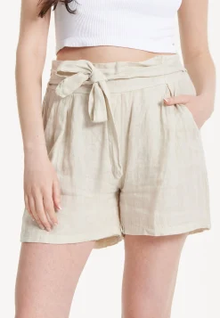 Beige Linen Tie Waist Shorts