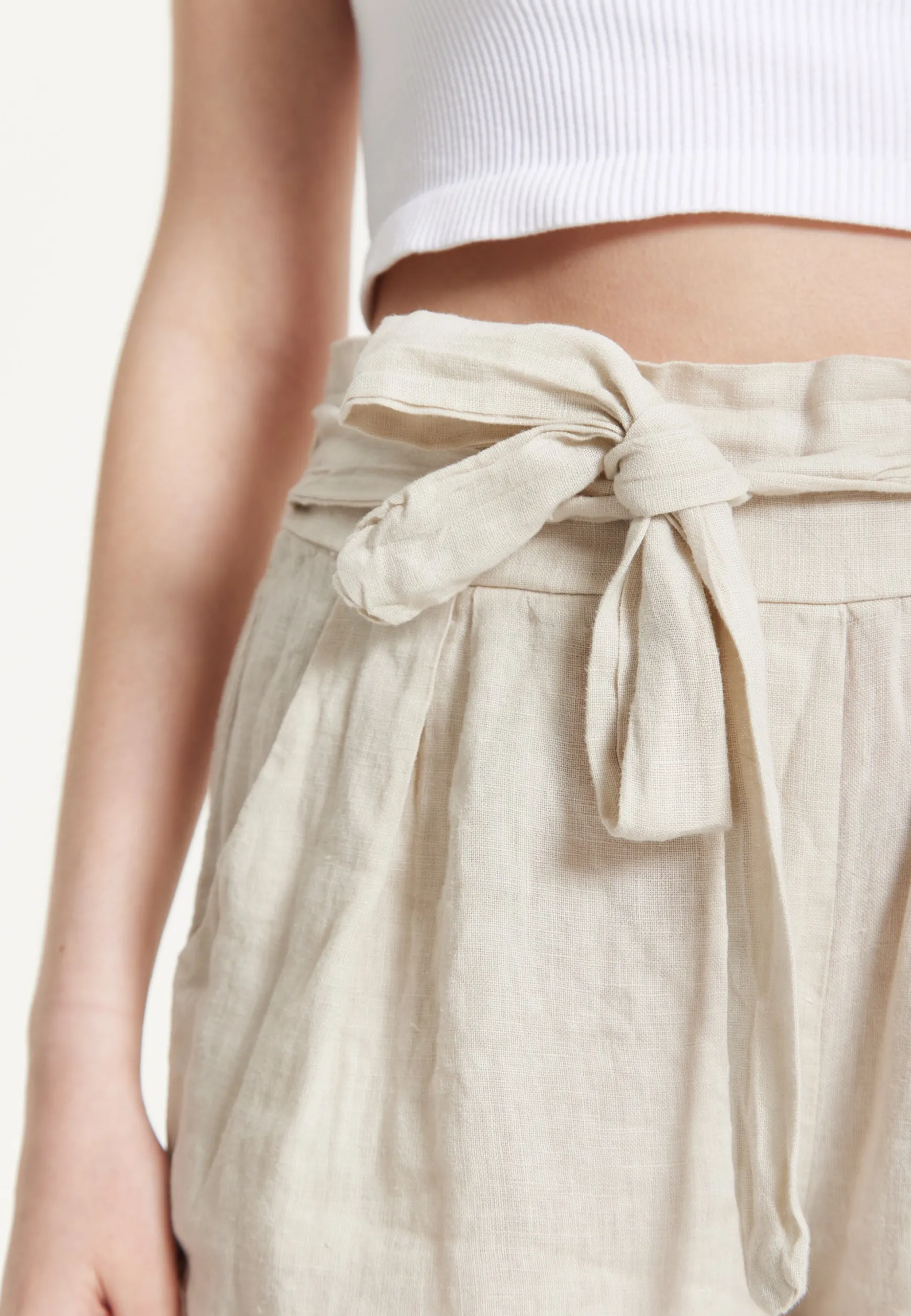 Beige Linen Tie Waist Shorts