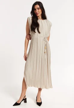Beige Pleated Midi Dress with Tie Waist