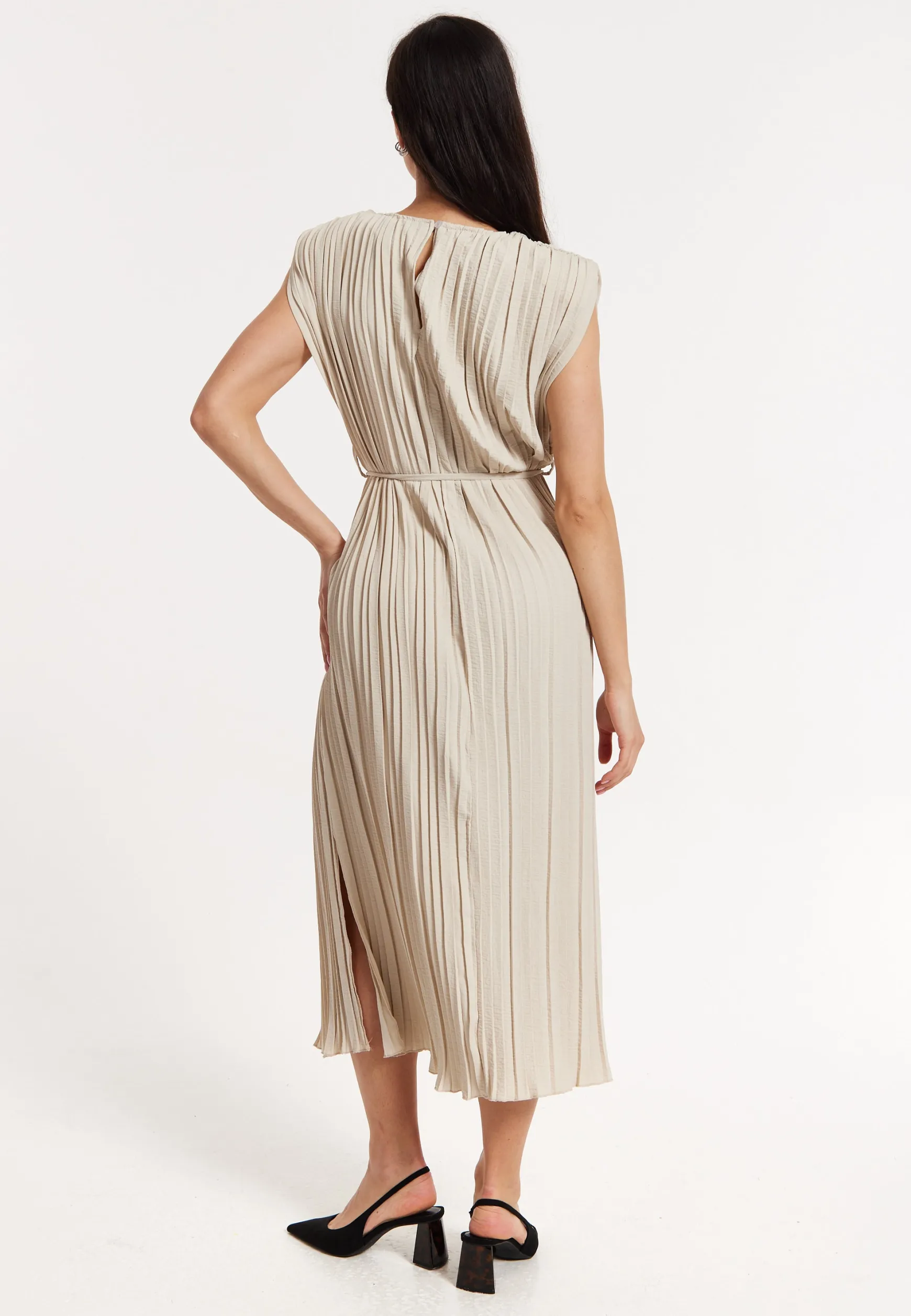 Beige Pleated Midi Dress with Tie Waist