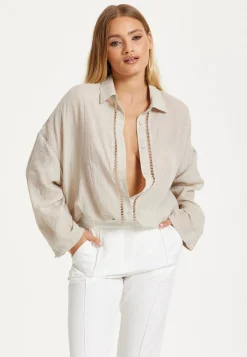 Beige Relaxed Fit Ladder Trim Shirt