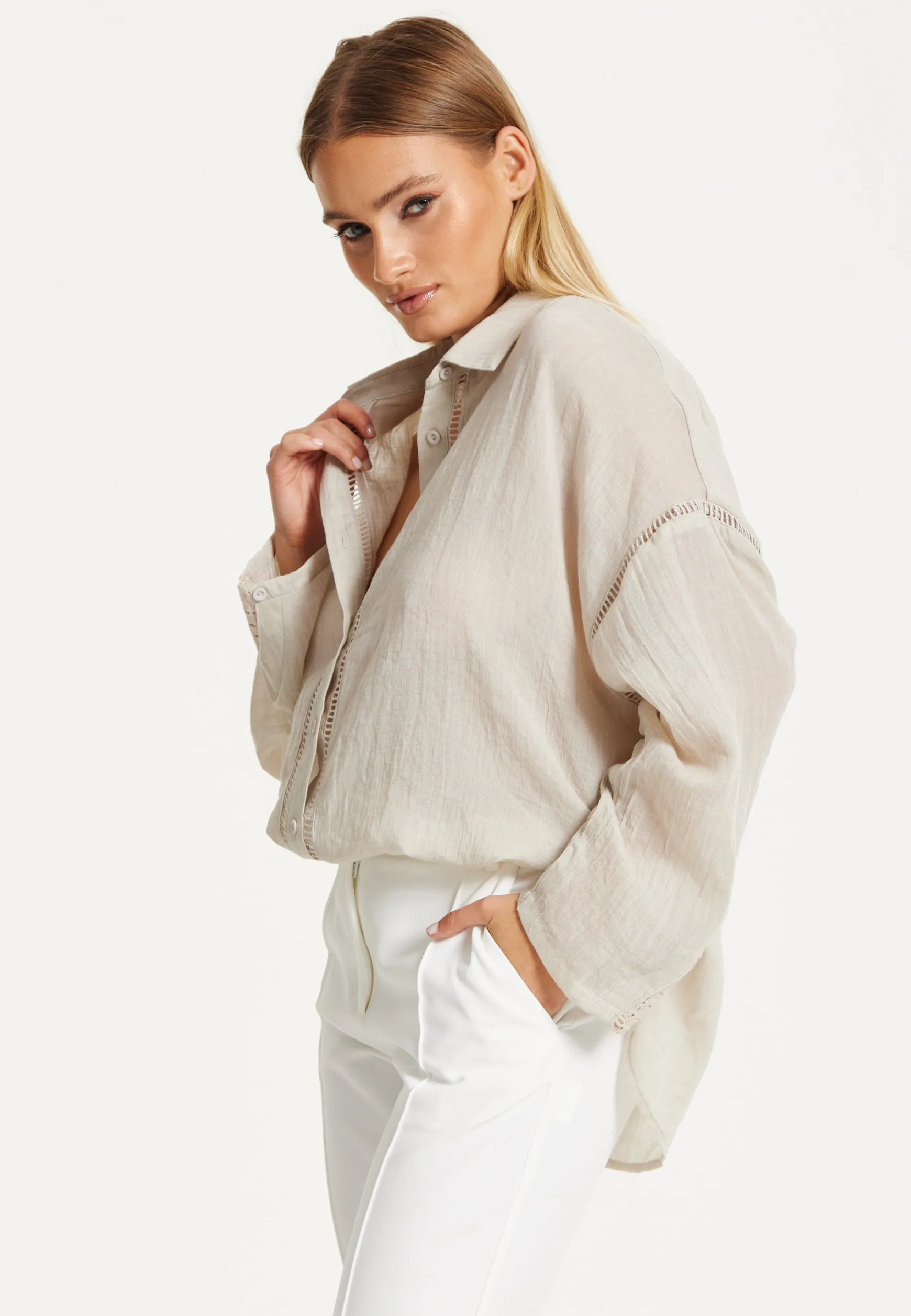 Beige Relaxed Fit Ladder Trim Shirt