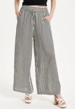 Black and White Striped Linen Wide Leg Trousers