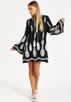 Black Embroidered Flare Sleeve Dress