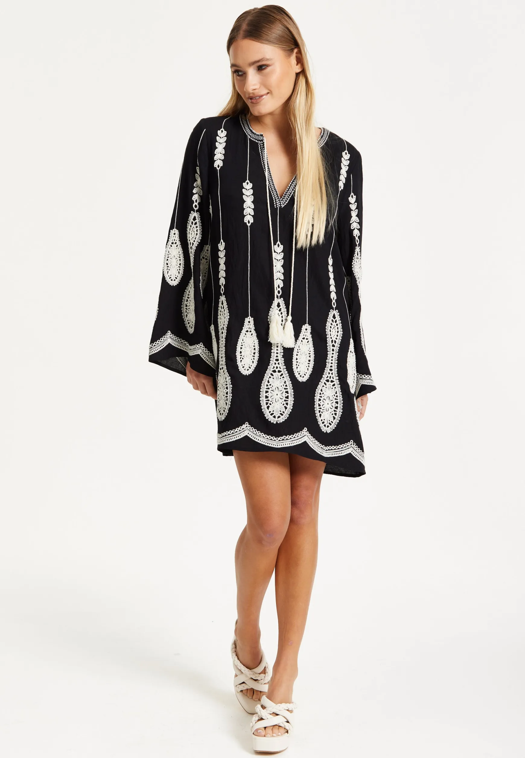 Black Embroidered Flare Sleeve Dress