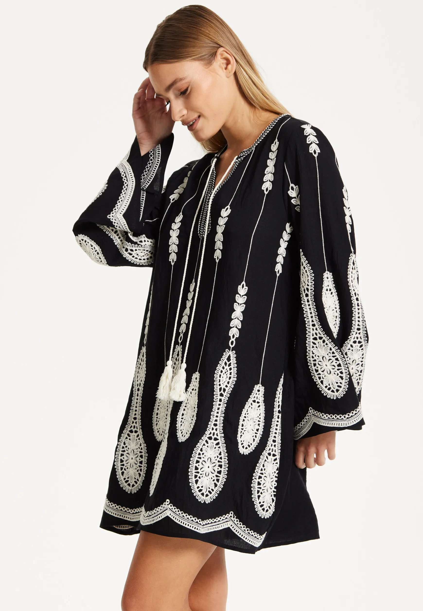 Black Embroidered Flare Sleeve Dress