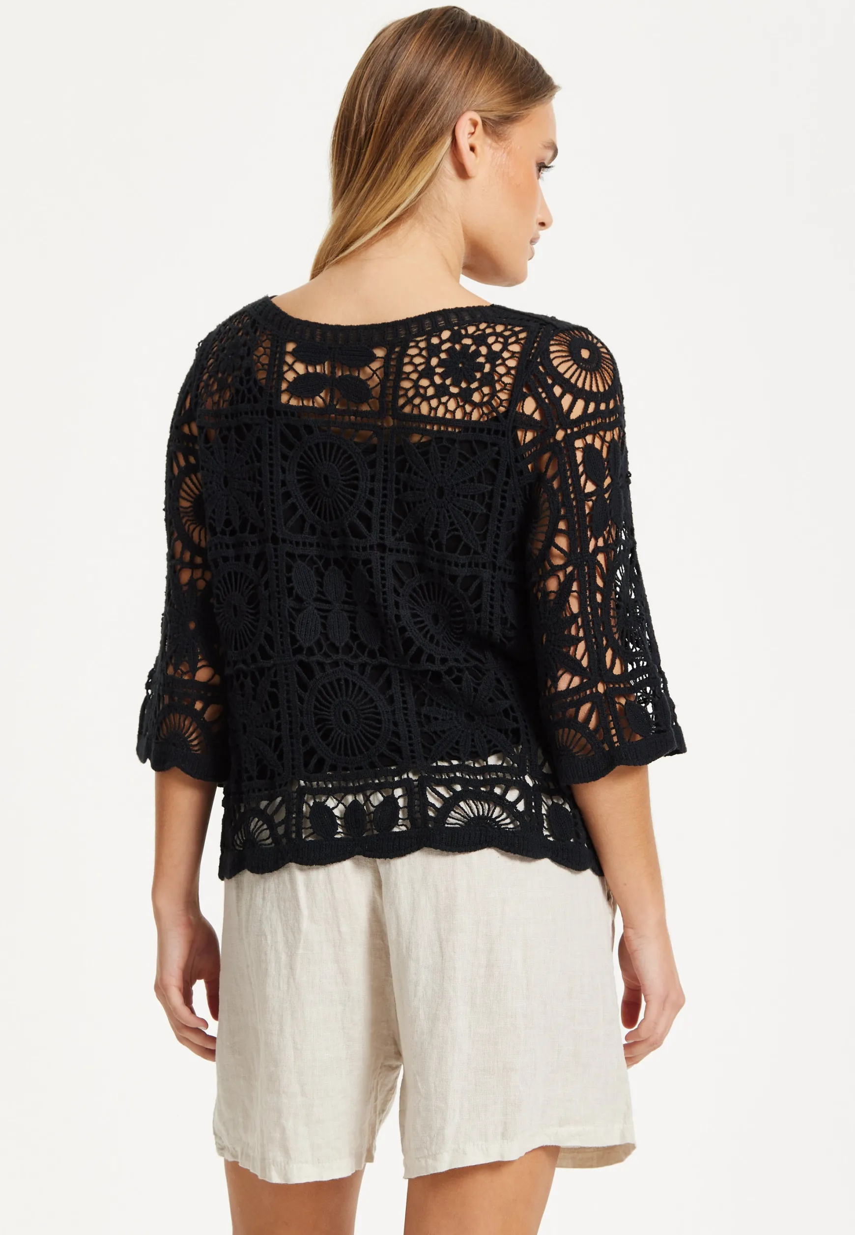 Black Knitted Crochet Lace Top