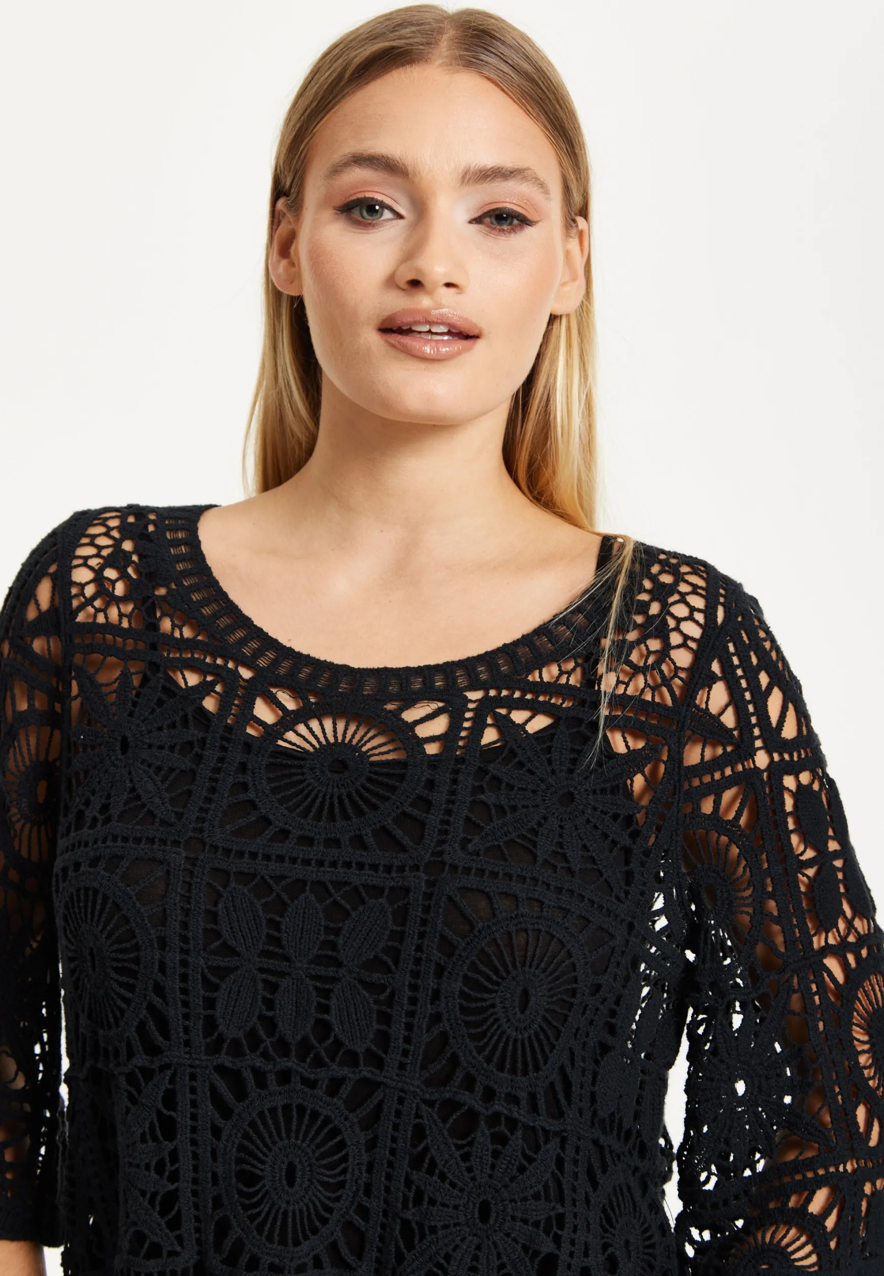 Black Knitted Crochet Lace Top