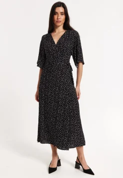 Black Polka Dot Kimono Wrap Maxi Dress