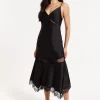 Black Satin Lace Midi Slip Dress