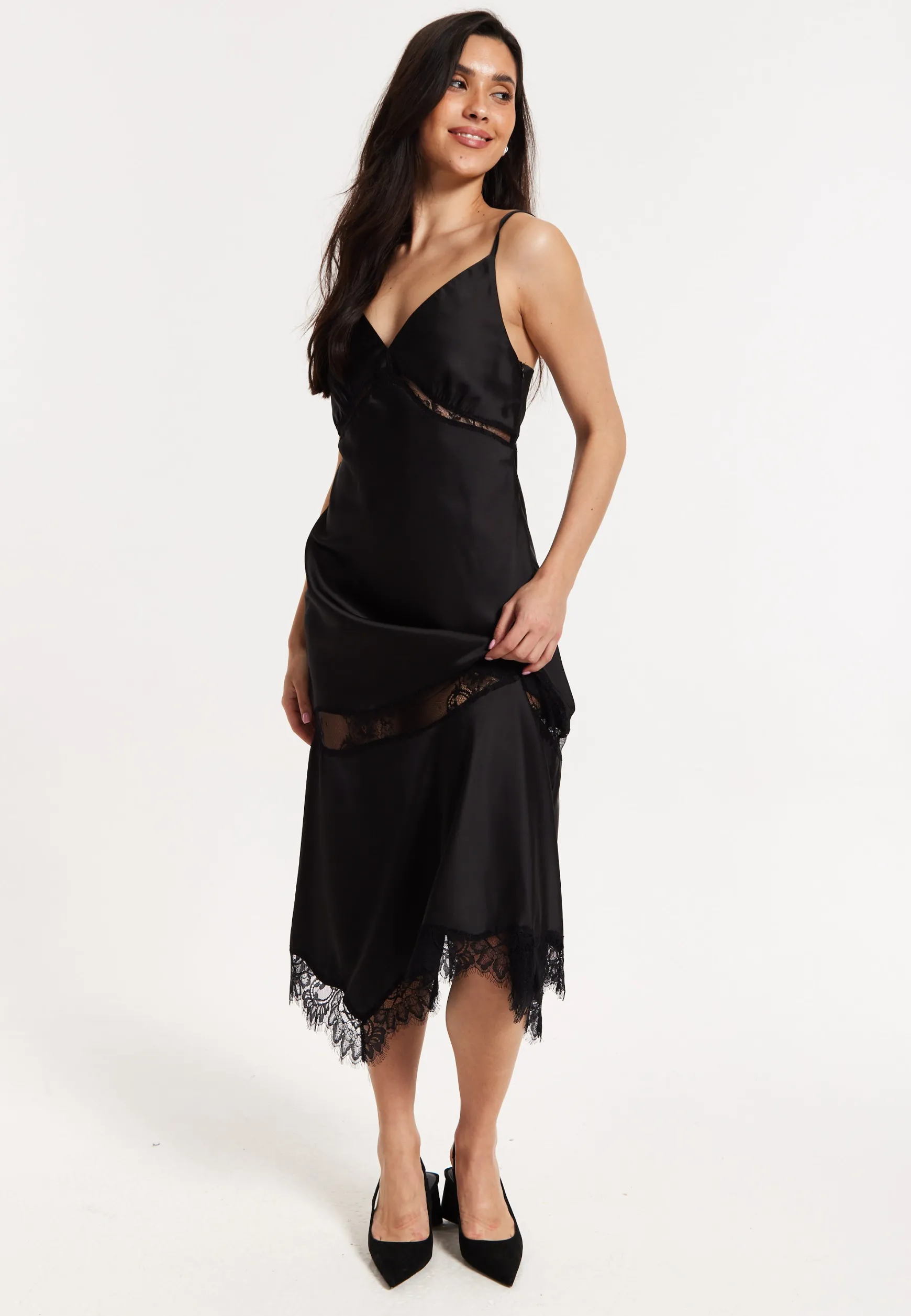 Black Satin Lace Midi Slip Dress