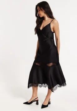 Black Satin Lace Midi Slip Dress