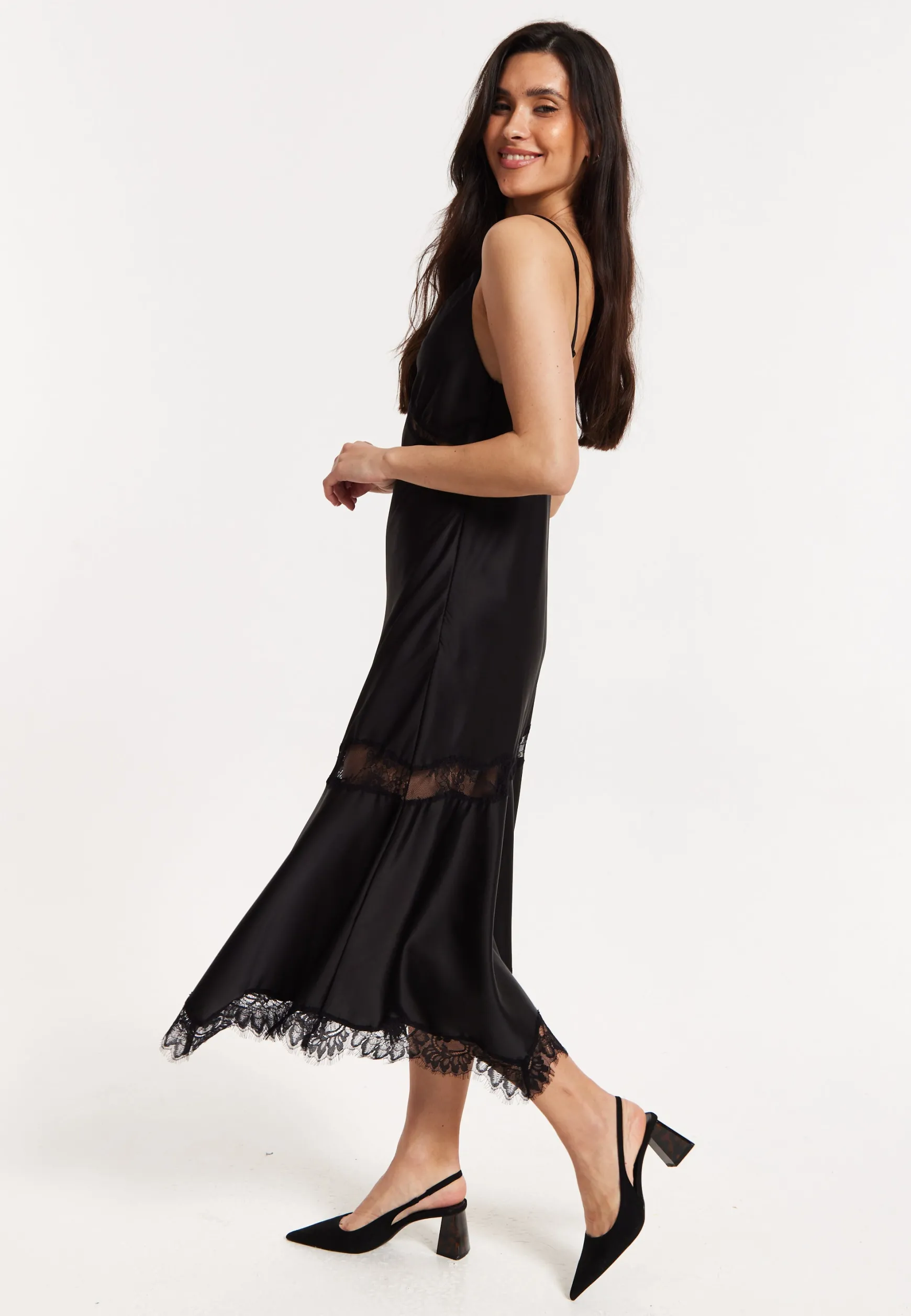 Black Satin Lace Midi Slip Dress