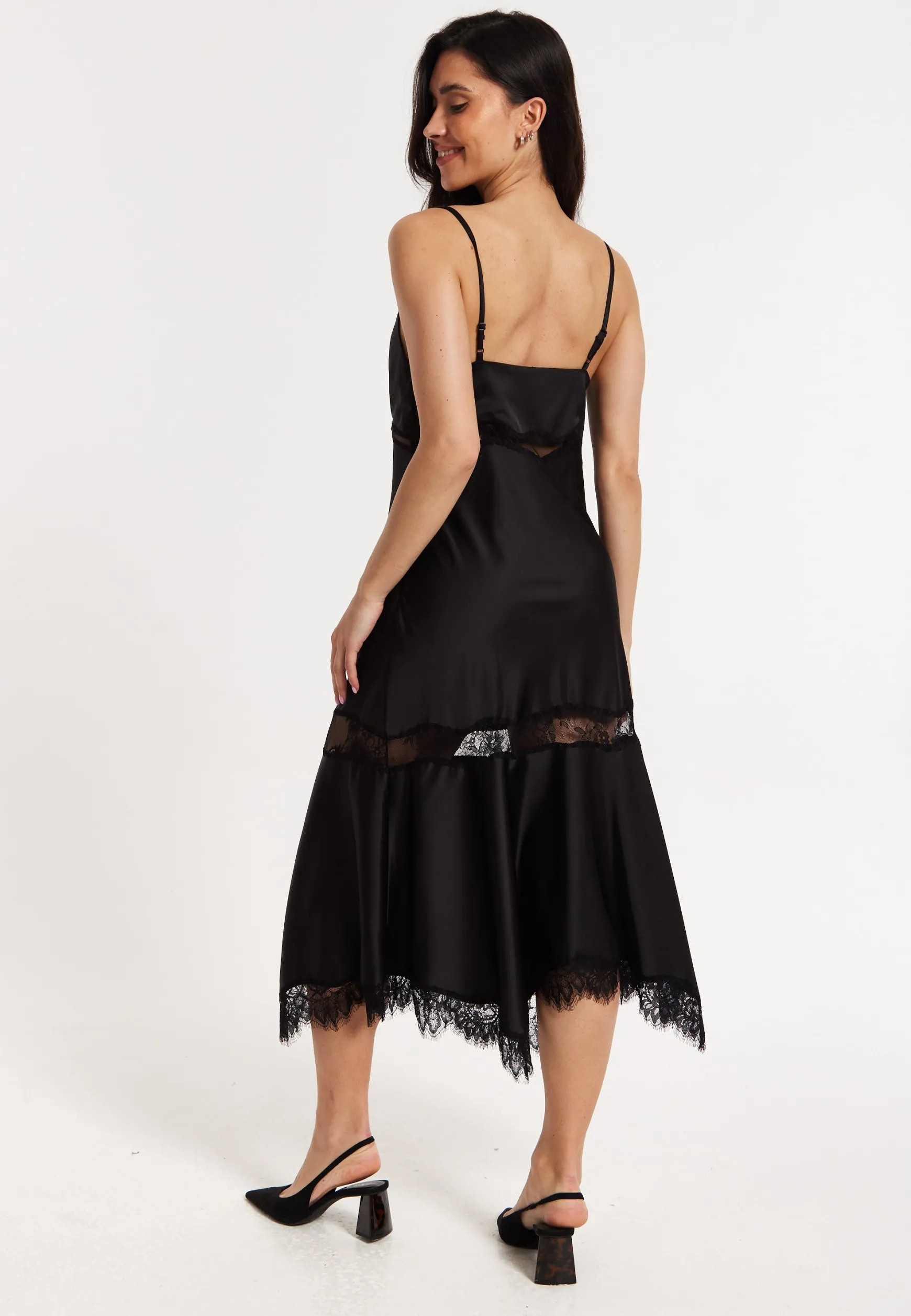 Black Satin Lace Midi Slip Dress
