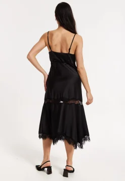 Black Satin Lace Midi Slip Dress