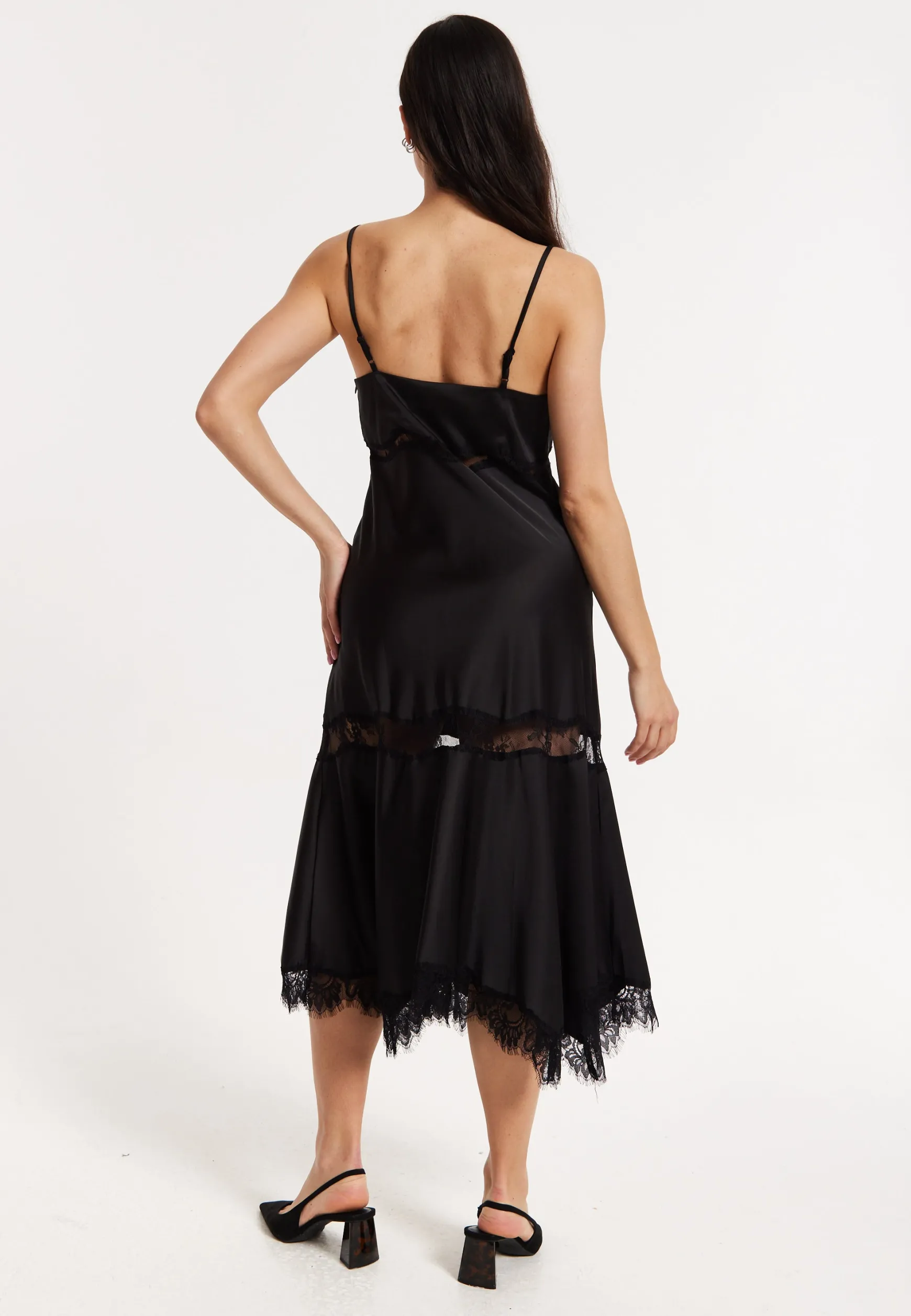 Black Satin Lace Midi Slip Dress
