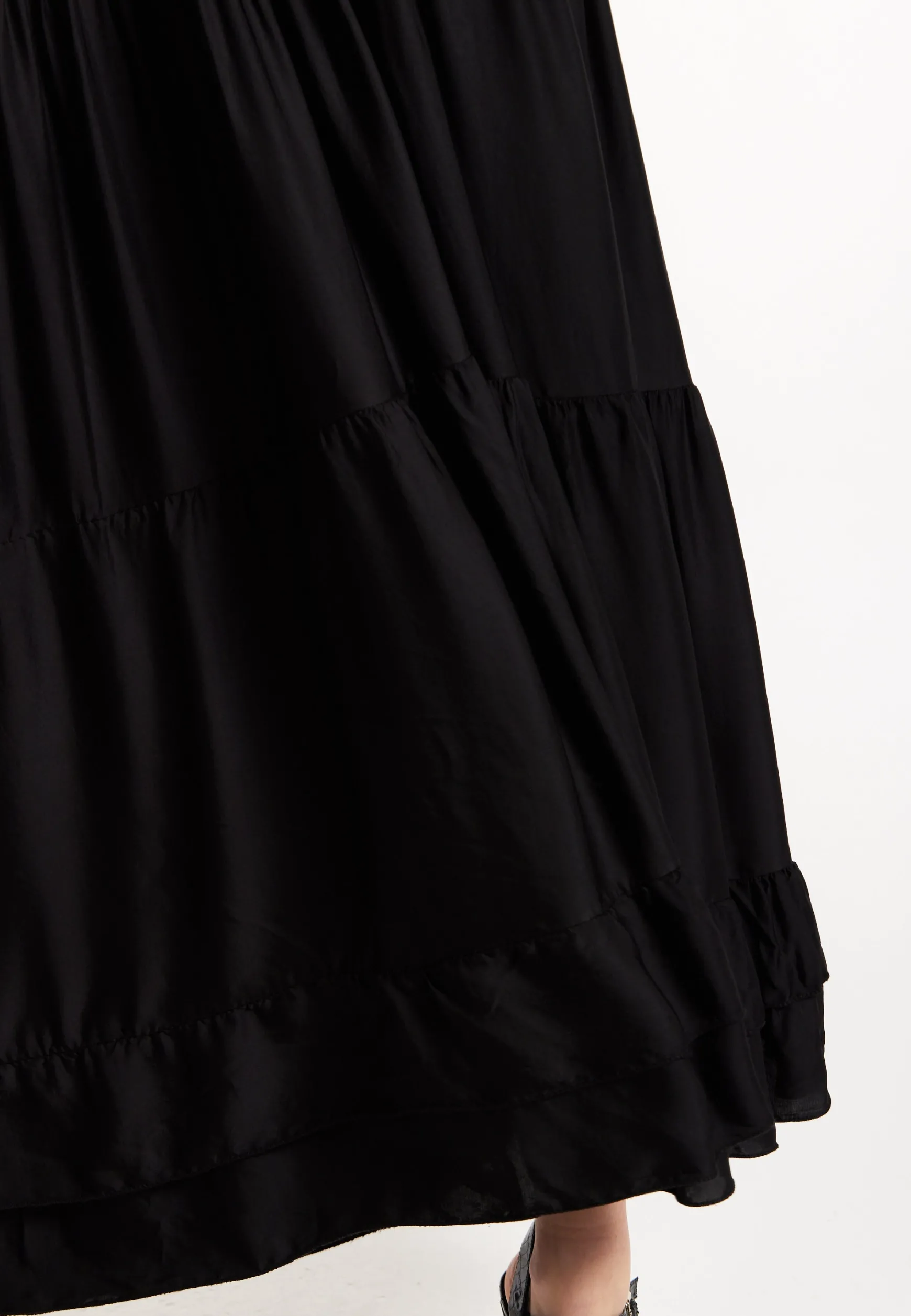 Black Shirred Waist Satin Maxi Dress