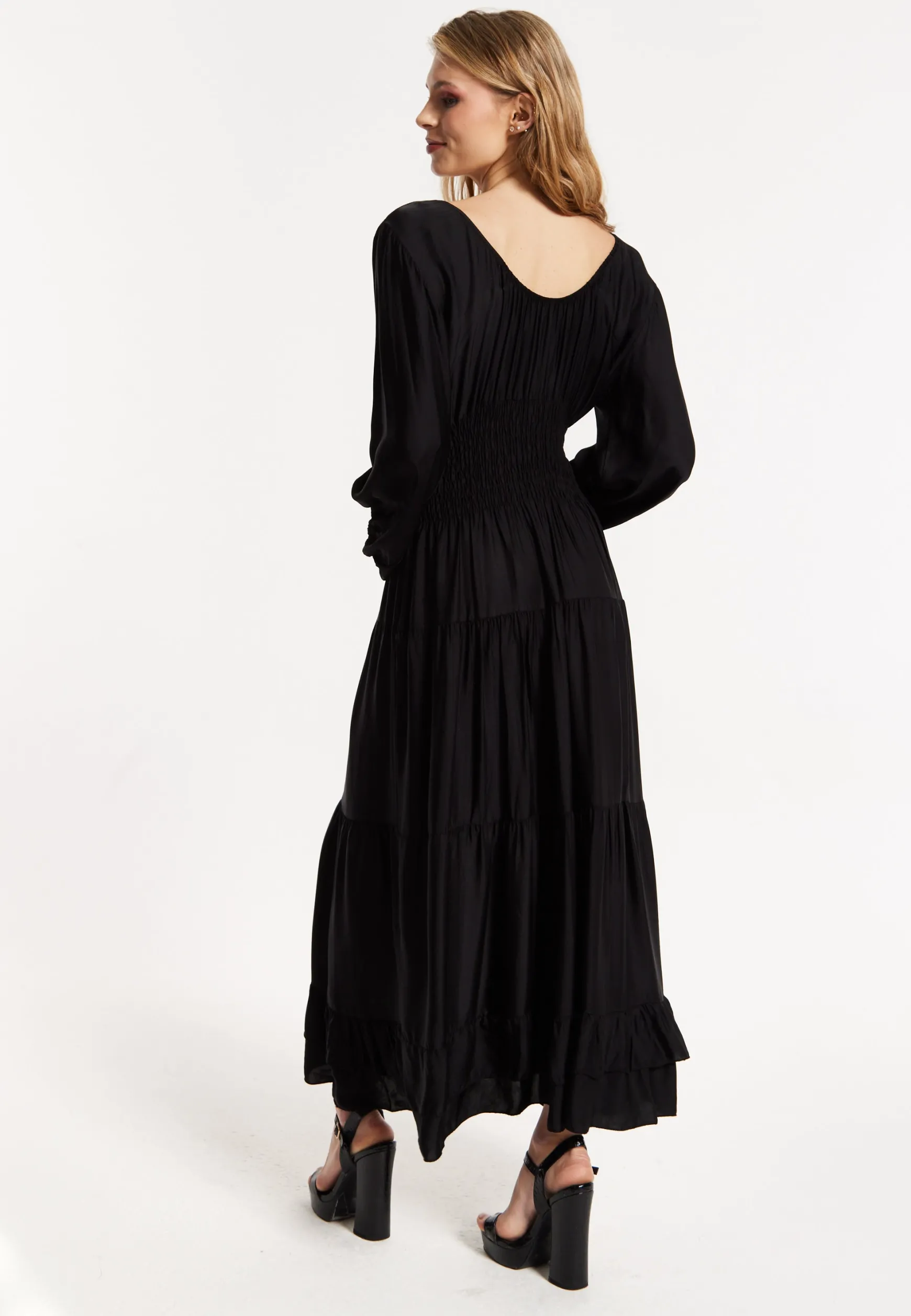 Black Shirred Waist Satin Maxi Dress