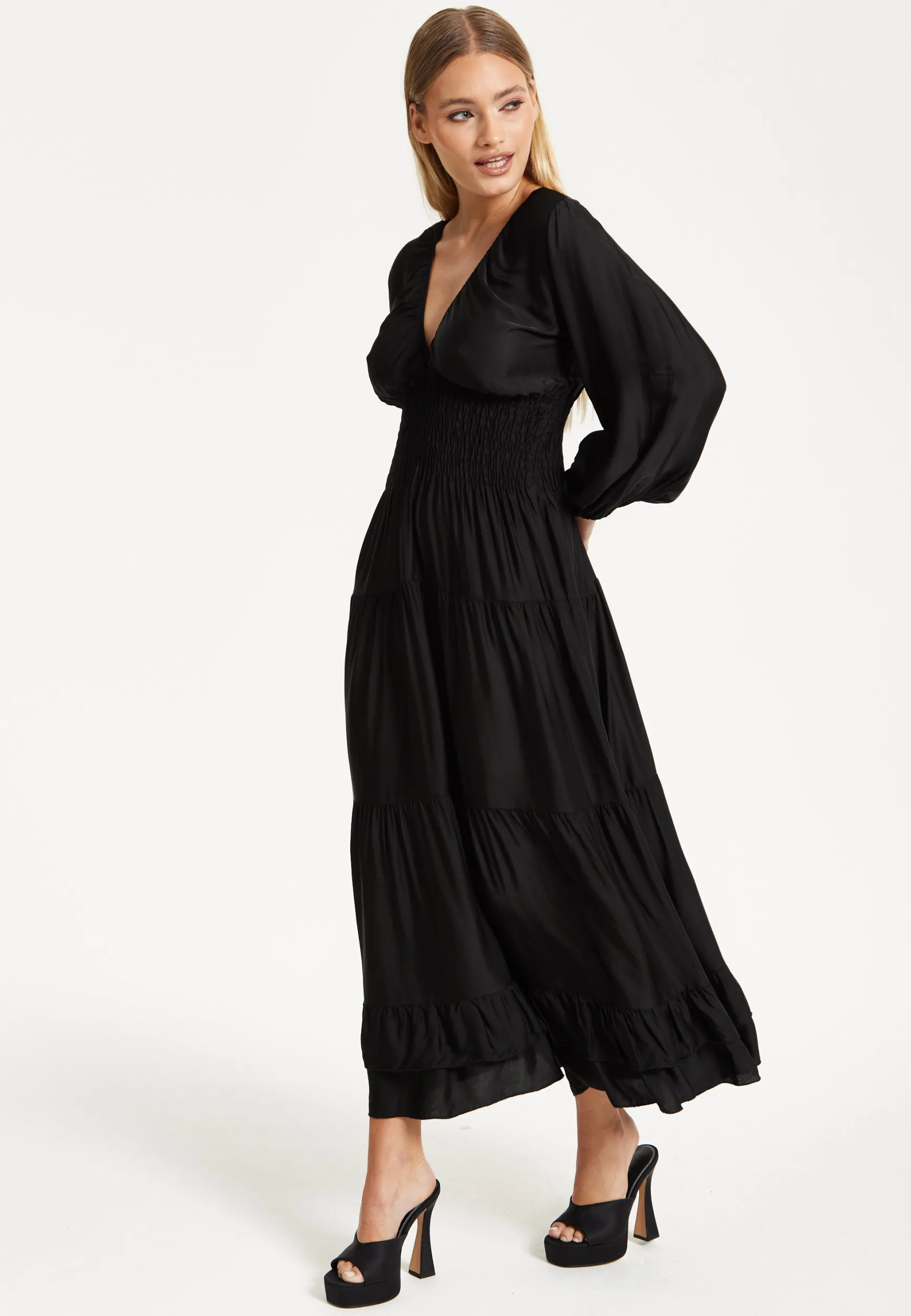 Black Shirred Waist Satin Maxi Dress