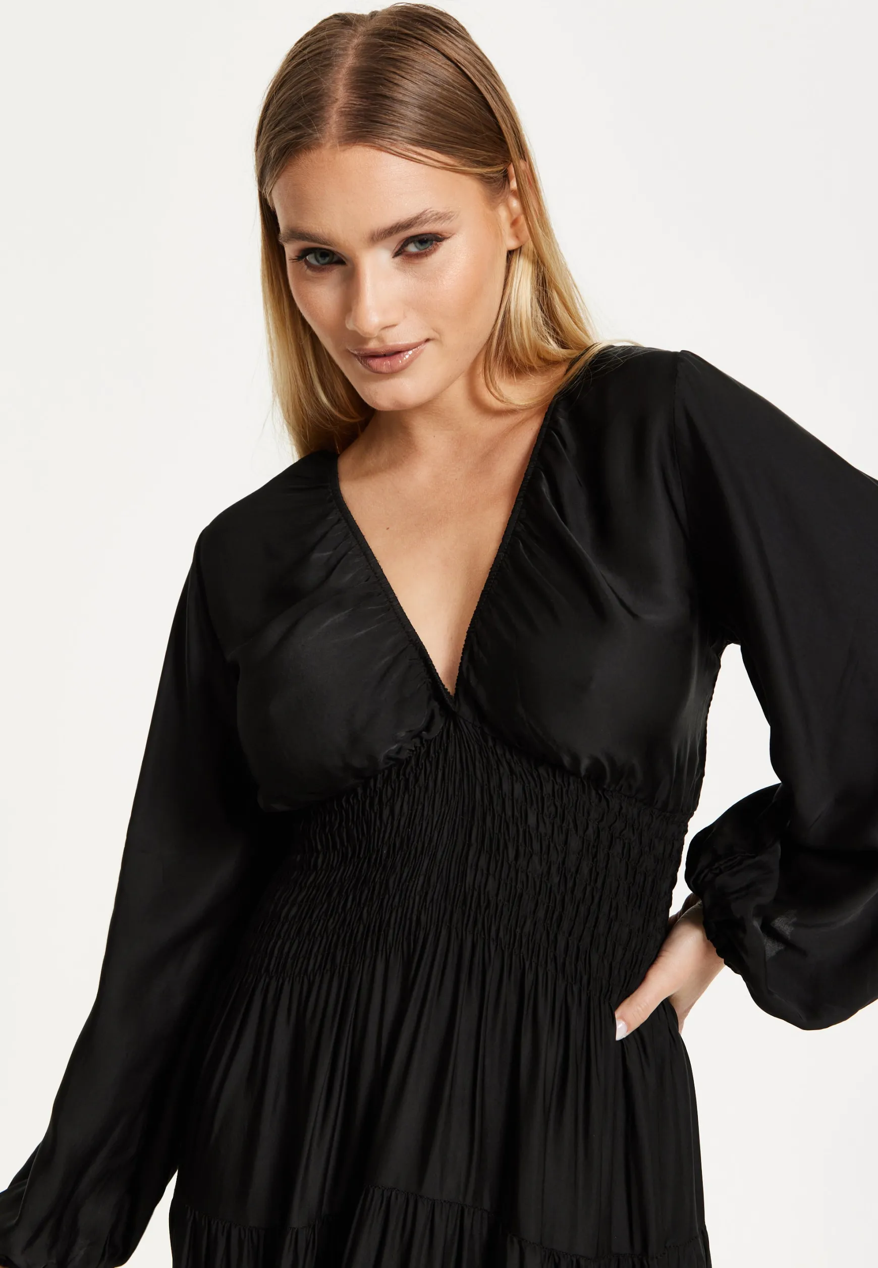 Black Shirred Waist Satin Maxi Dress