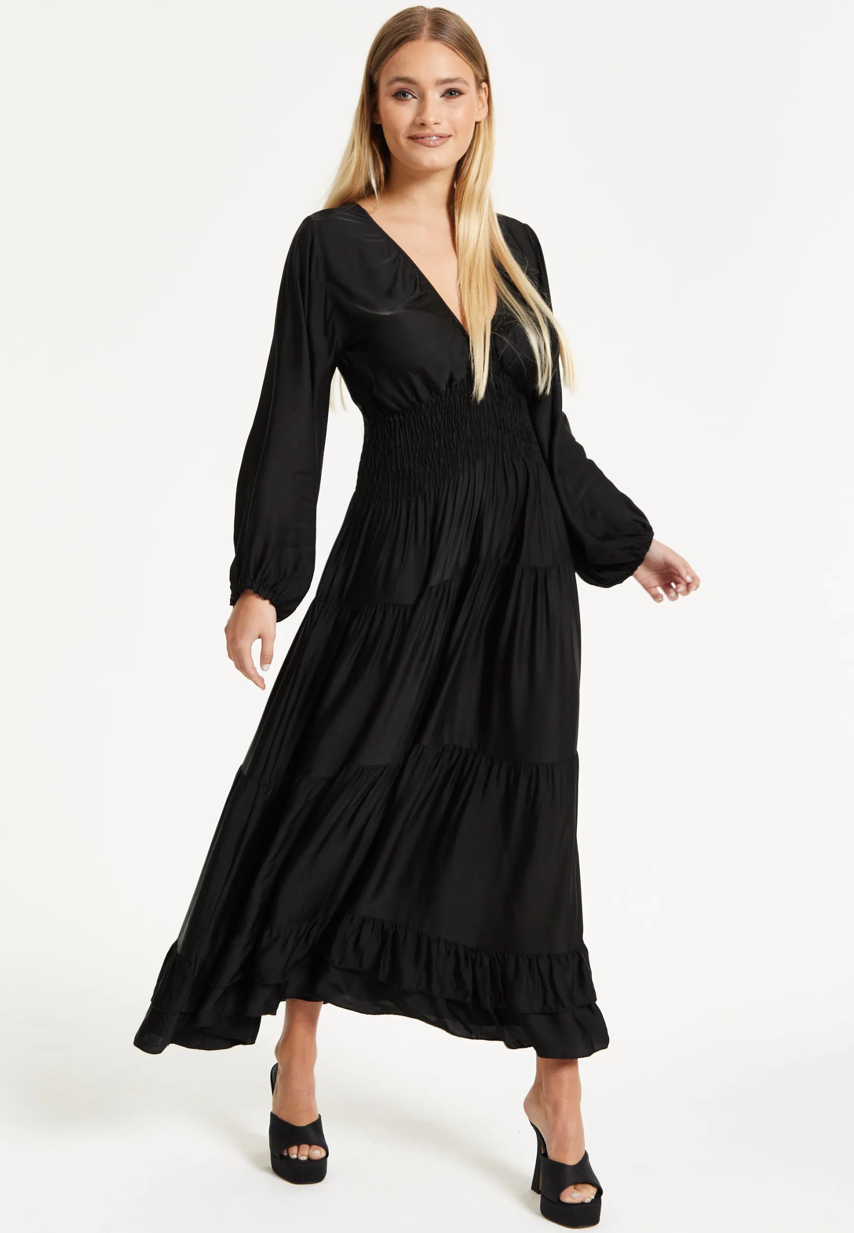Black Shirred Waist Satin Maxi Dress