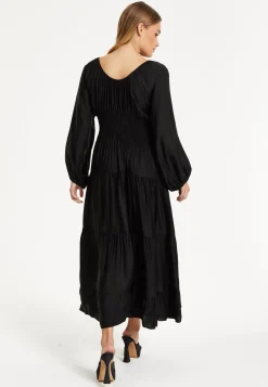 Black Shirred Waist Satin Maxi Dress