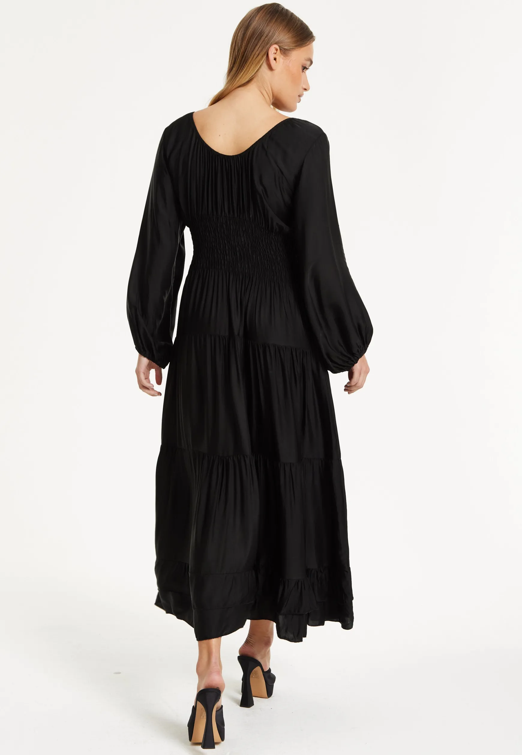 Black Shirred Waist Satin Maxi Dress