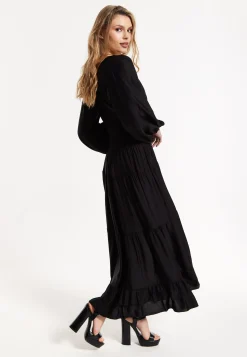 Black Shirred Waist Satin Maxi Dress