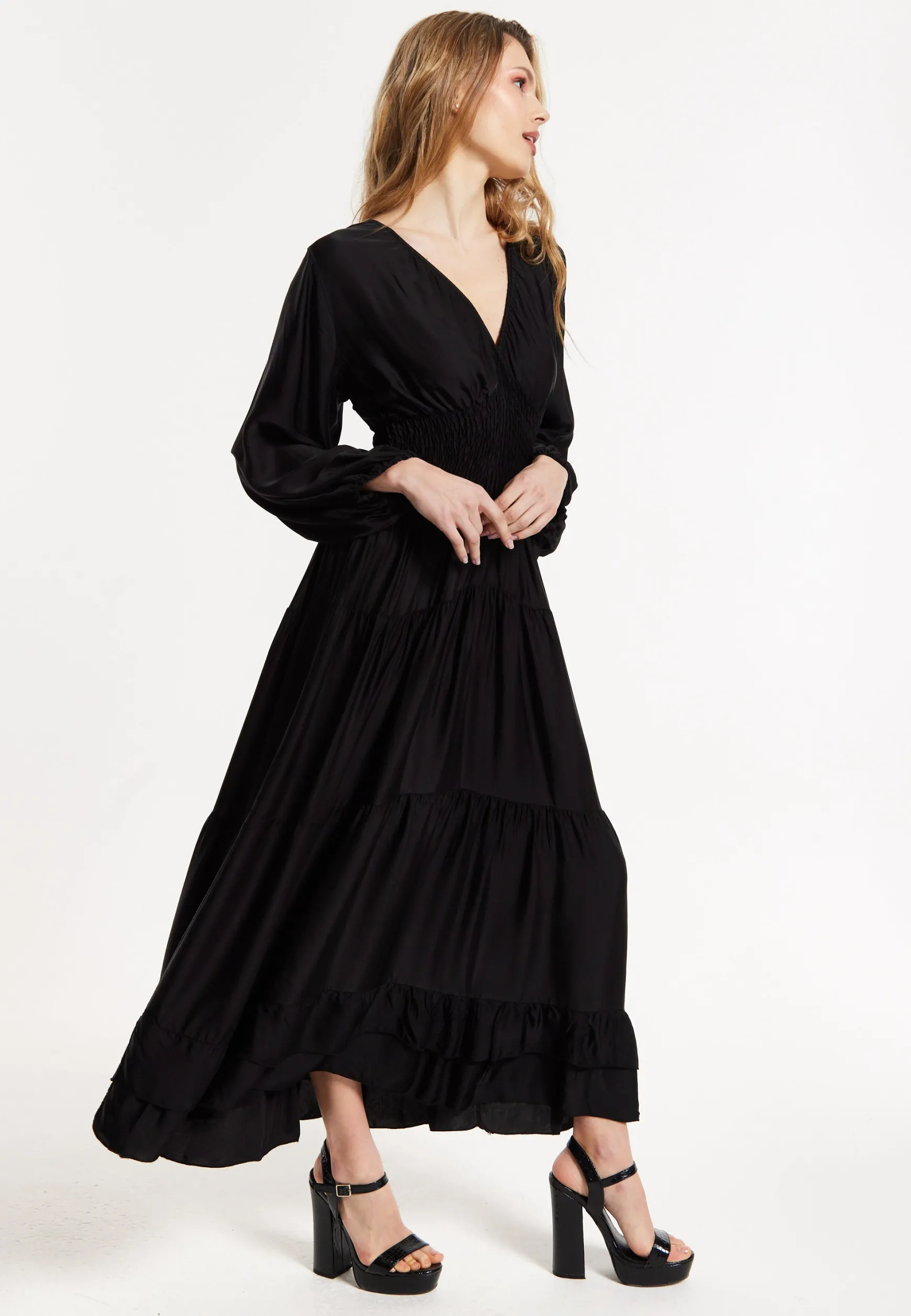 Black Shirred Waist Satin Maxi Dress