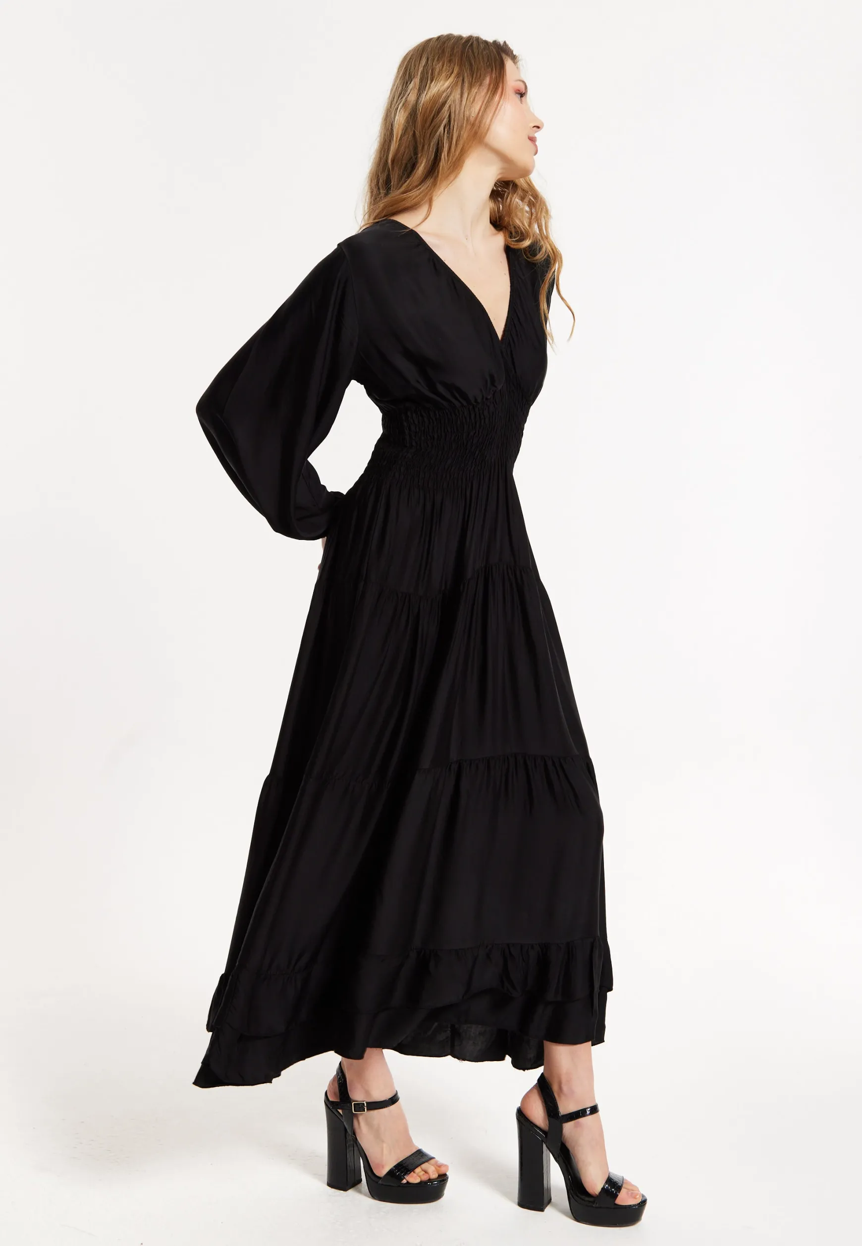 Black Shirred Waist Satin Maxi Dress