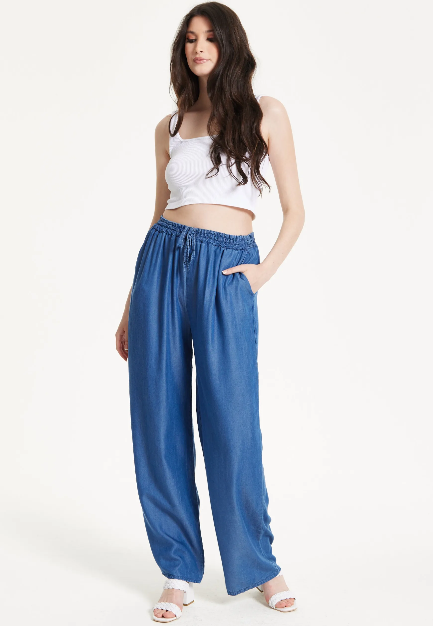 Blue Drawstring Wide Leg Trousers