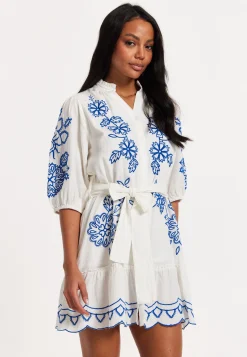 Blue Embroidered Belted White Mini Dress