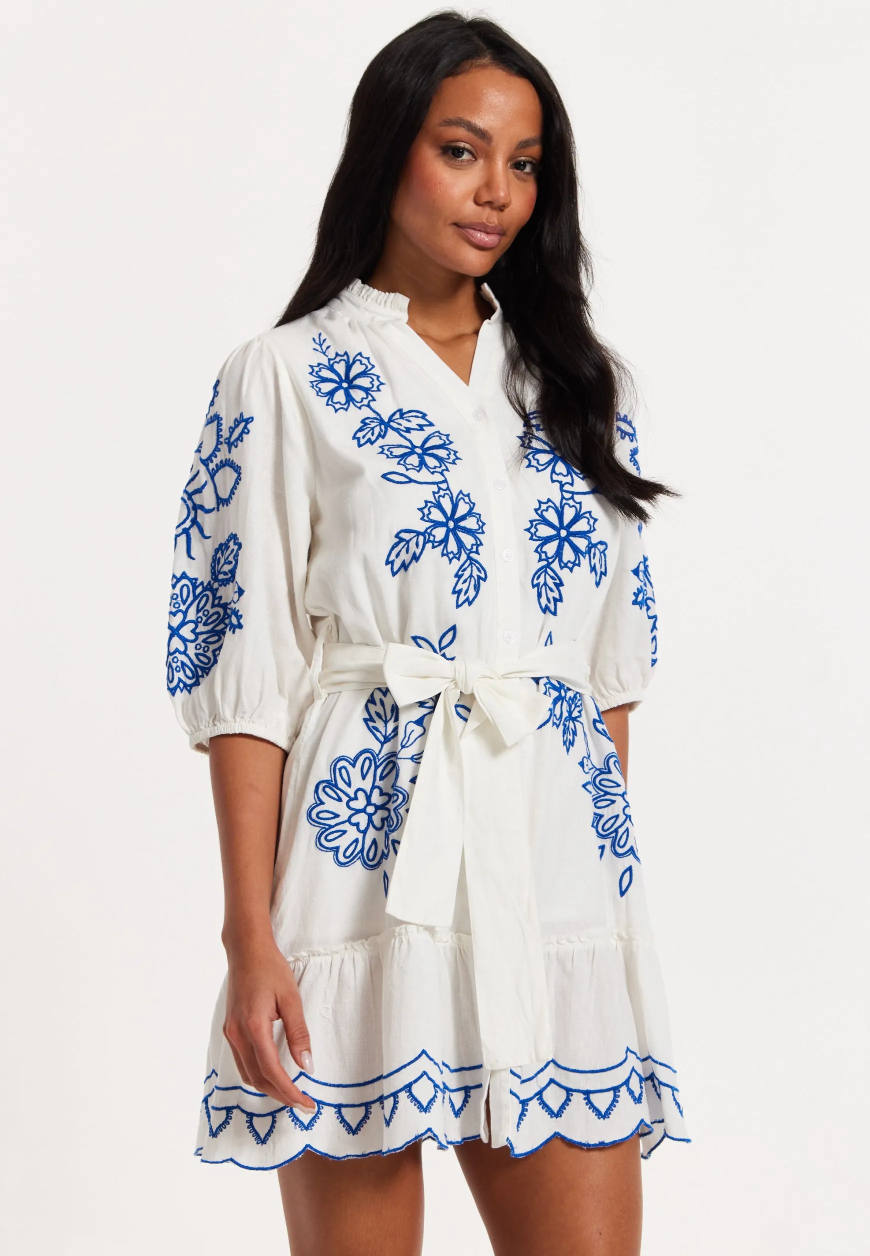 Blue Embroidered Belted White Mini Dress