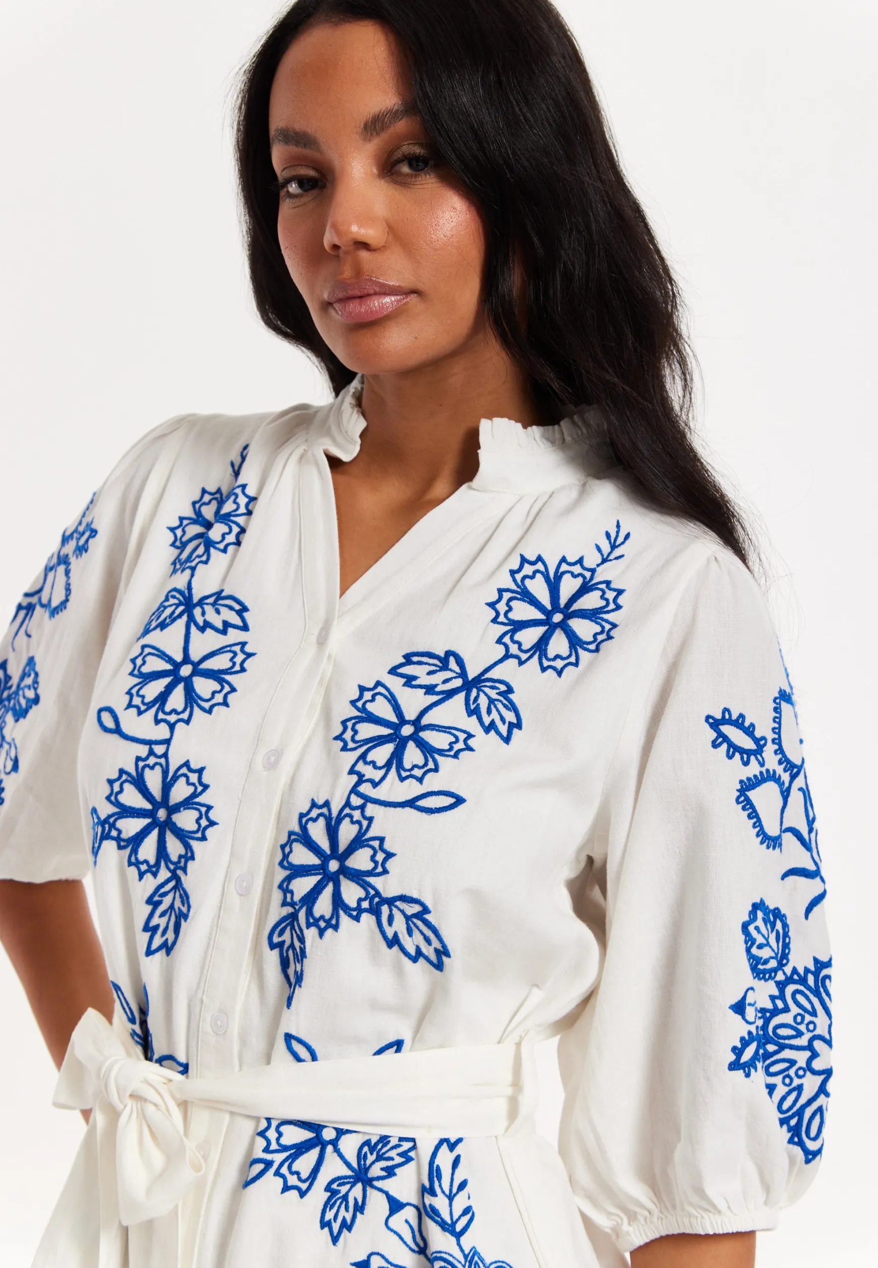 Blue Embroidered Belted White Mini Dress