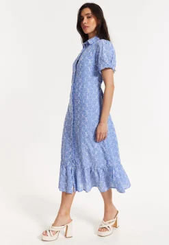 Blue Embroidered Shirt Midi Dress