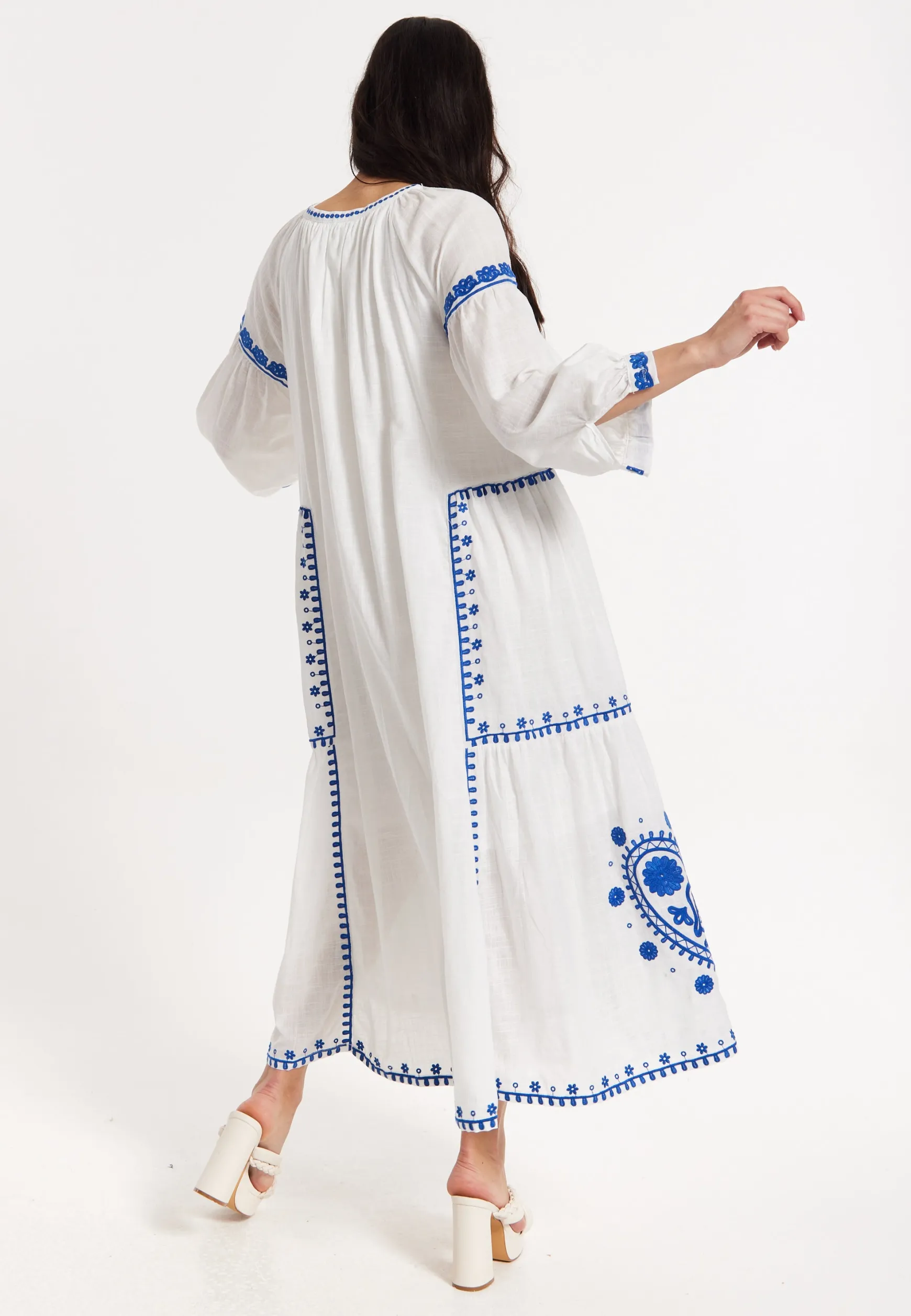 Blue Embroidered White Maxi Dress