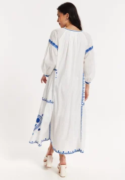 Blue Embroidered White Maxi Dress