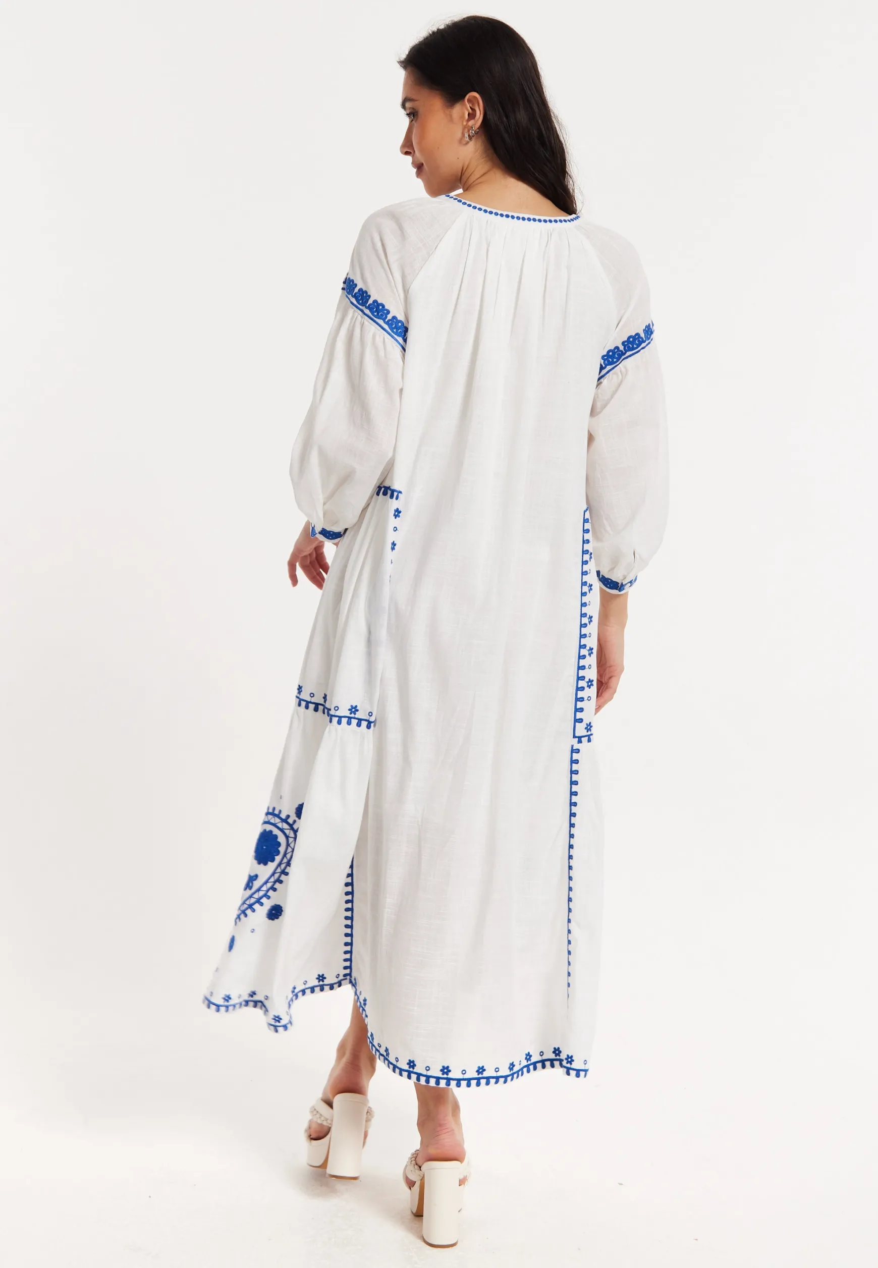 Blue Embroidered White Maxi Dress