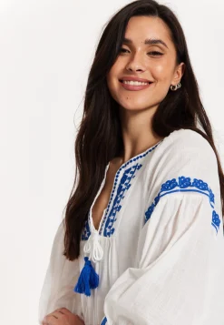 Blue Embroidered White Maxi Dress