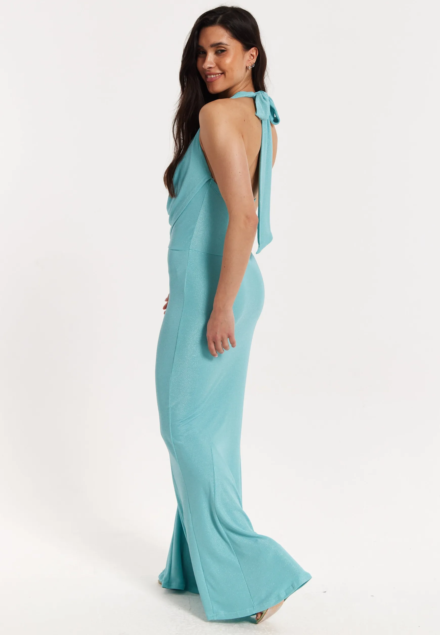 Blue Lurex Draped Halter Neck Maxi Dress