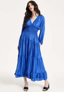 Blue Shirred Waist Satin Maxi Dress