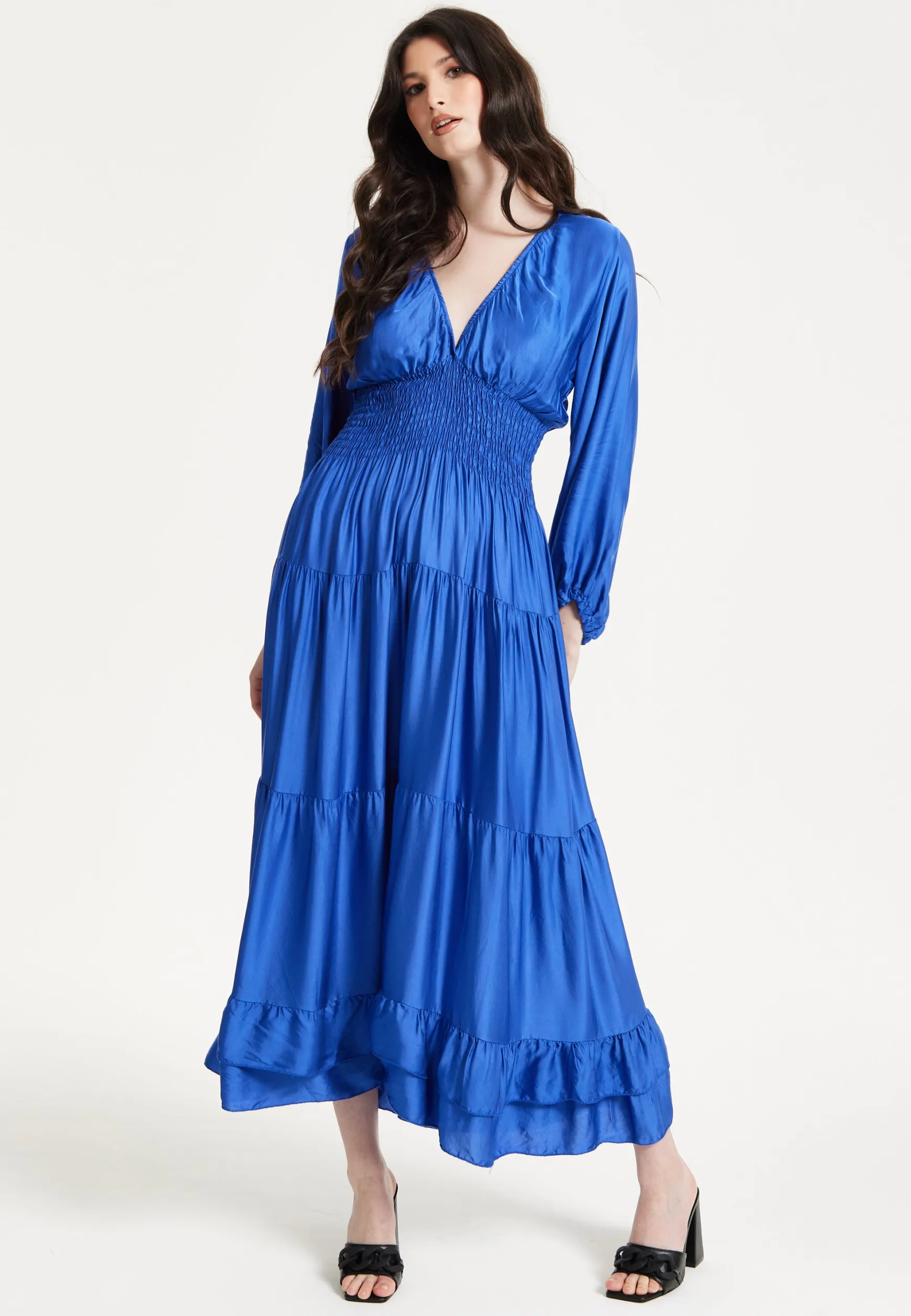 Blue Shirred Waist Satin Maxi Dress