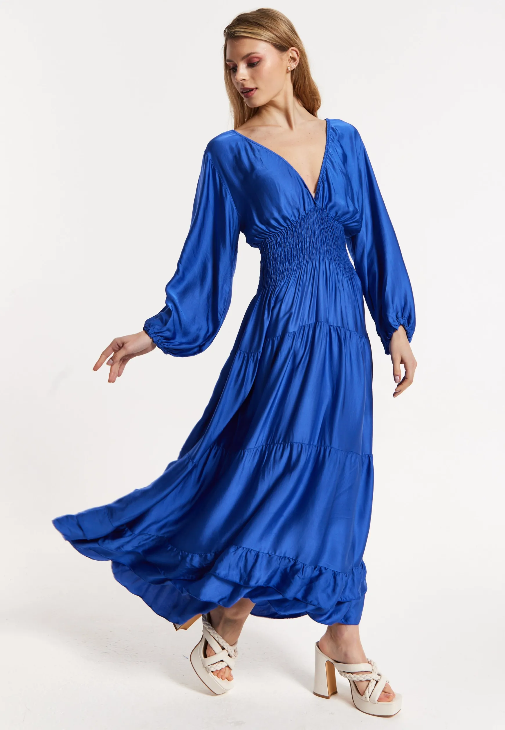 Blue Shirred Waist Satin Maxi Dress