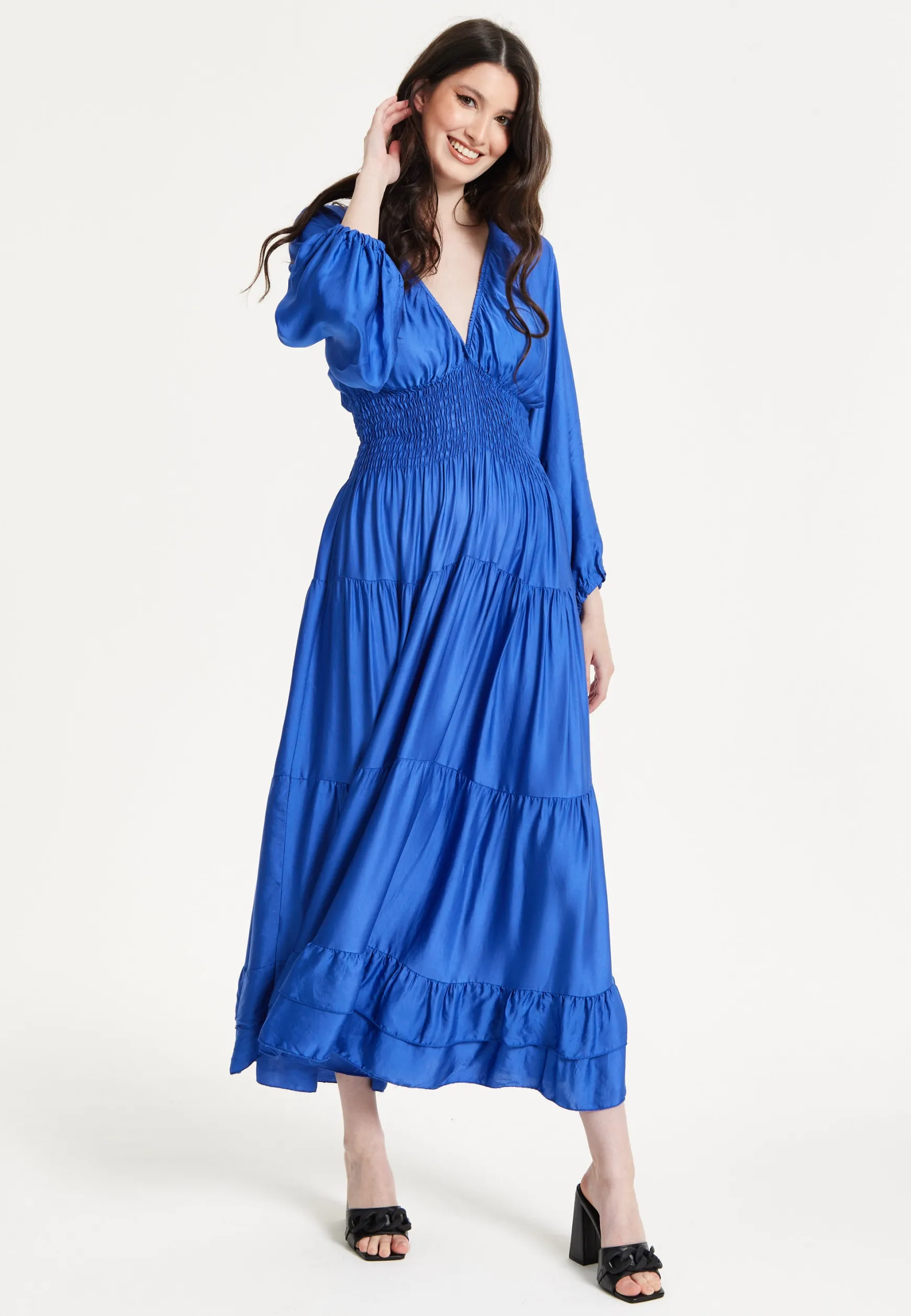 Blue Shirred Waist Satin Maxi Dress