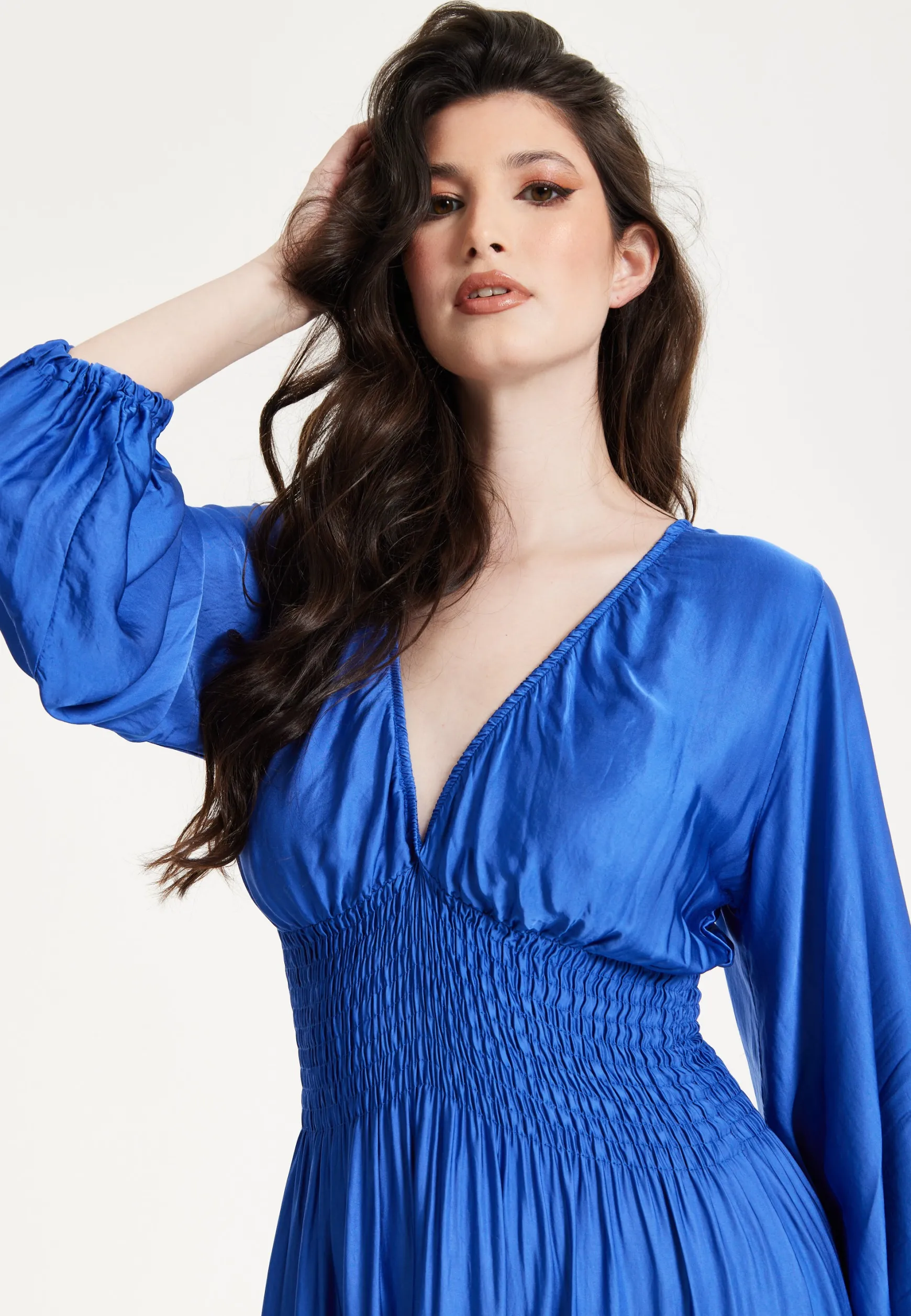 Blue Shirred Waist Satin Maxi Dress
