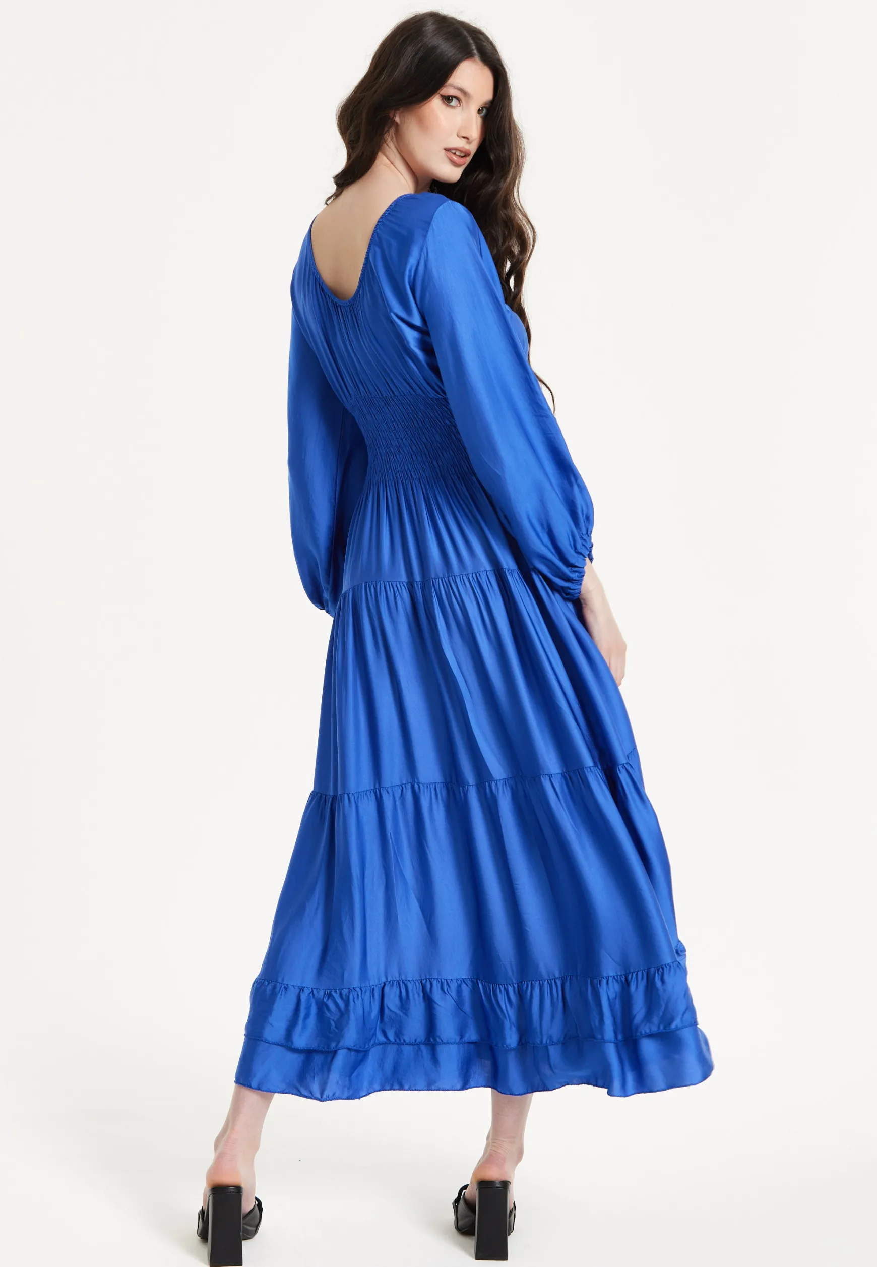 Blue Shirred Waist Satin Maxi Dress