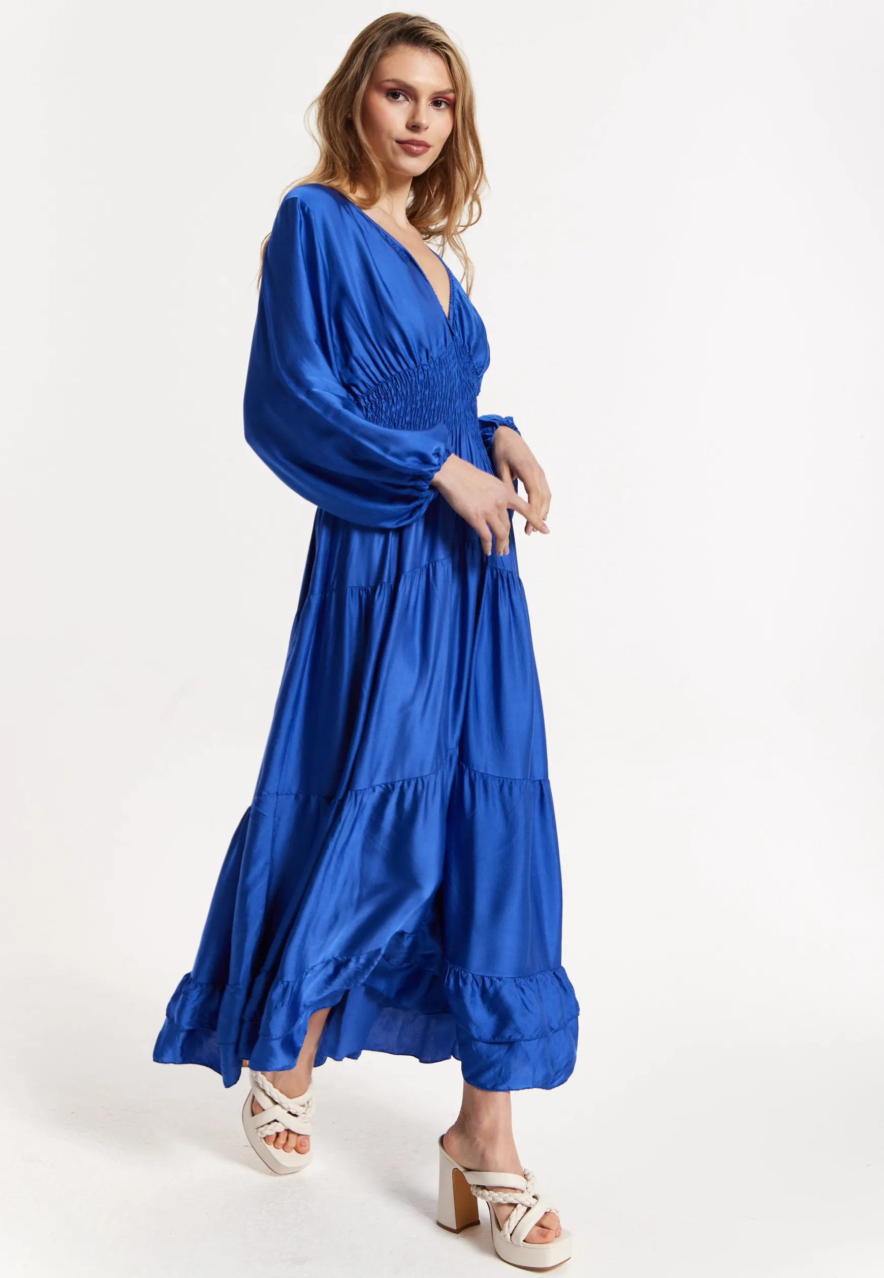 Blue Shirred Waist Satin Maxi Dress