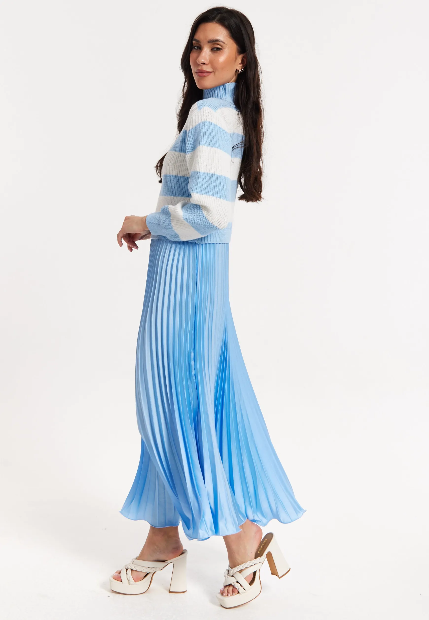 Blue Stripe Turtleneck Pleated Maxi Dress