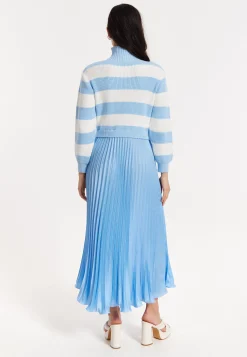 Blue Stripe Turtleneck Pleated Maxi Dress