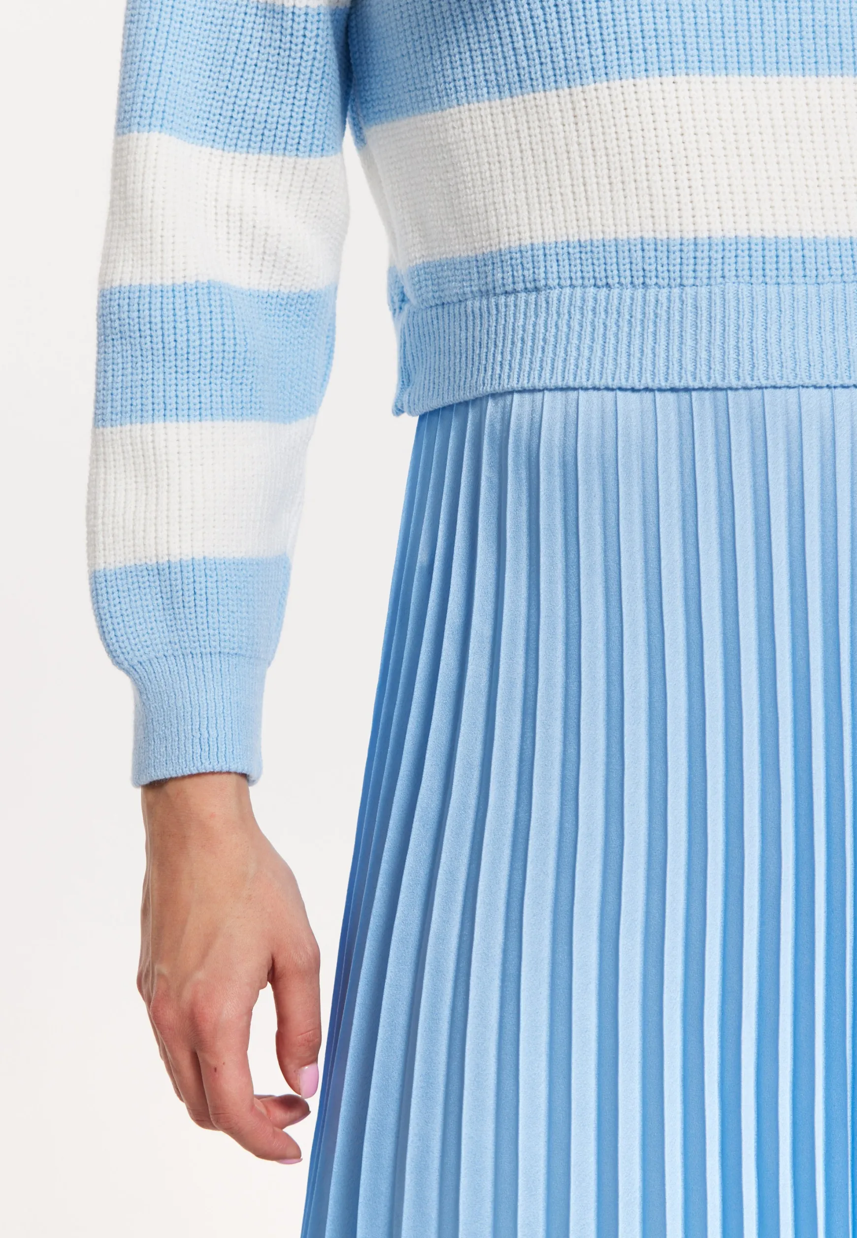 Blue Stripe Turtleneck Pleated Maxi Dress